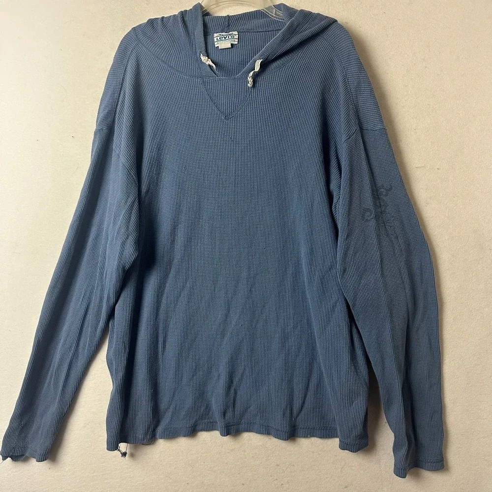 Vintage Levis Mens XL Blue Waffle Knit Thermal‎ Hoodie Long Sleeve Cotton Shirt